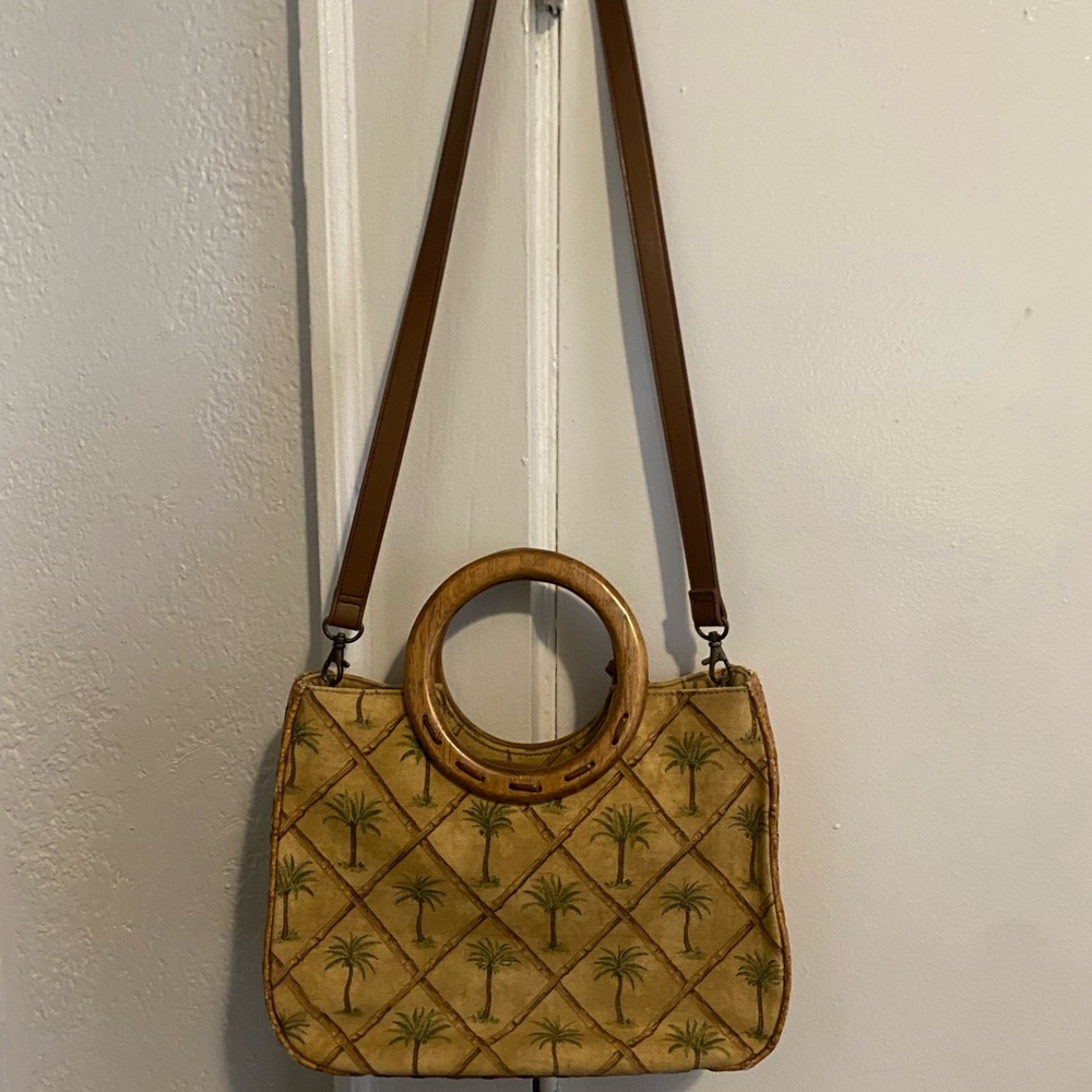 Vintage Fossil Palm-Print Tan Shoulder Bag with Wood Ring Handle